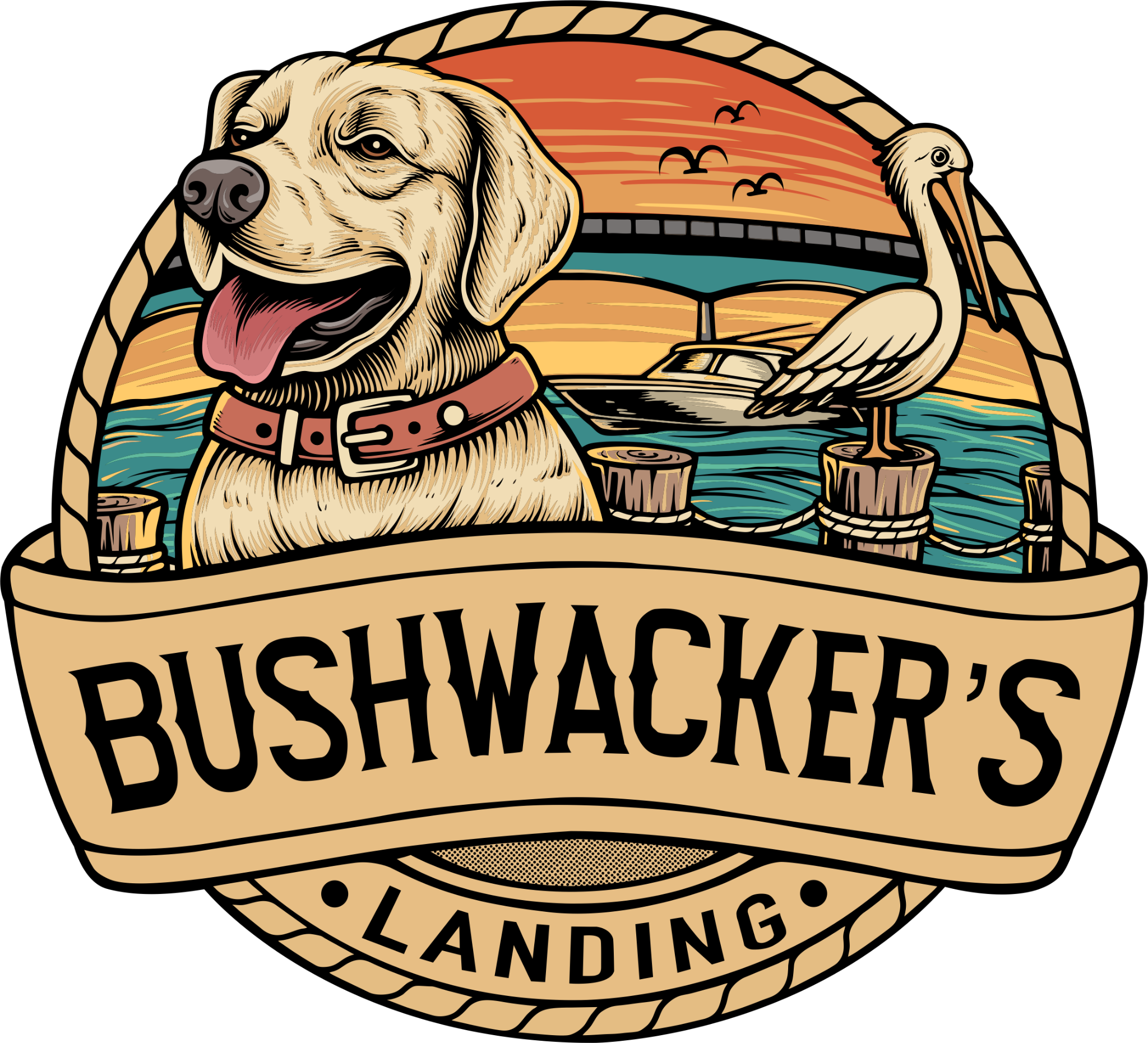 Bushwacker's Landing logo with a Labrador, pelican and waterfront